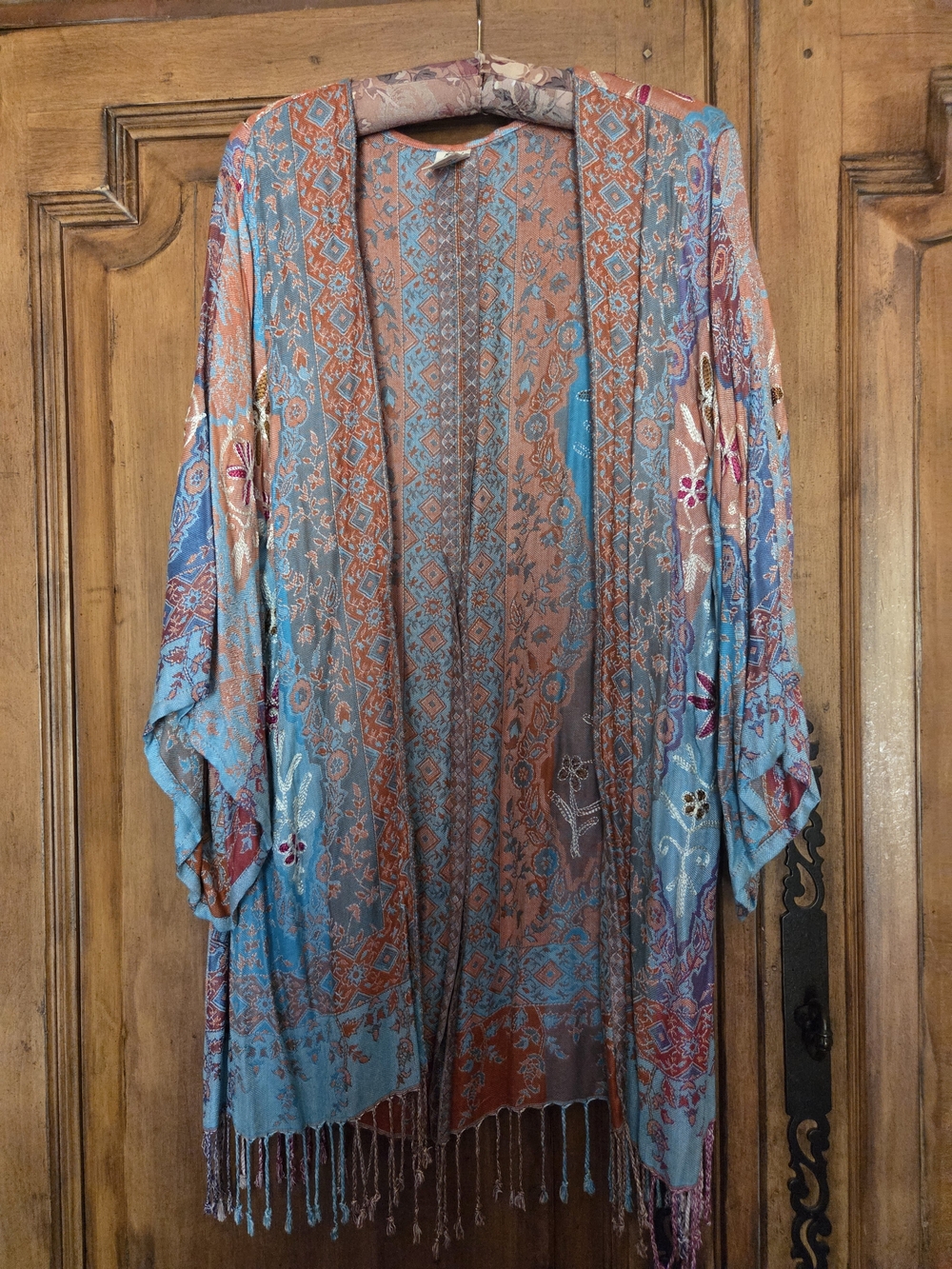 Raj Boho Embroidered Fringe Kimono in Teal and Rust